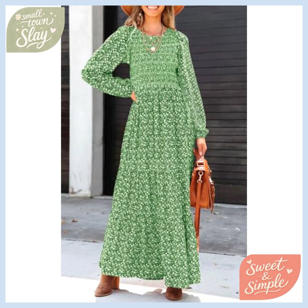 Long Sleeve Floral Maxi Dress Smocked Tiered Casual Flowy Maternity - Picture 2 of 7